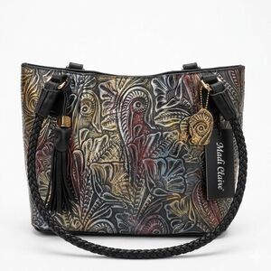 Madi Claire Floral Embossed Leather Tote Bag Hand Painted Metallic Boho Black